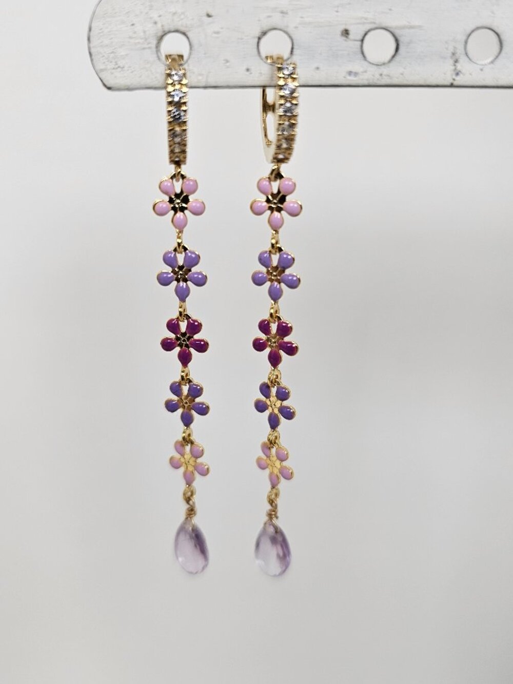 14K Gold Plate Sterling Silver Earrings Pink Purple Amethyst Daisy Enamel Dangle